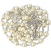 Nazareth Store Pearl Cream Beads Rosary Necklace Holy Soil Medal and Cross Catholic Rosaries for Women, Men