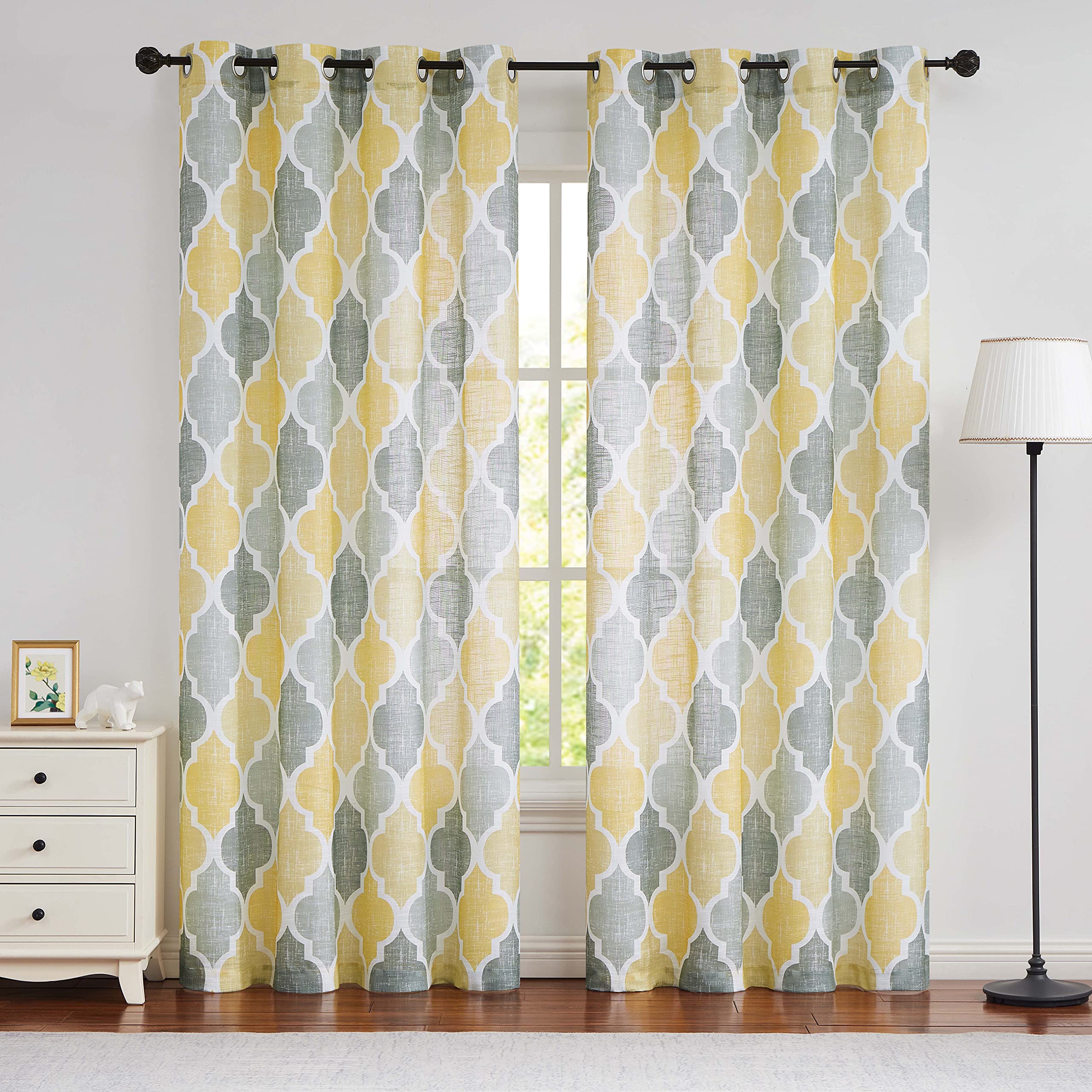 Beauoop Yellow Sheer Curtains for Living Room 90 Inch Drop Voile Curtains for Bedroom Geometric Print Linen Textured Curtain for Kitchen Farmhouse Lattice Window Curtain Drapes 2 Panels
