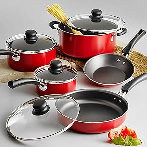 NEW 9-Piece Simple Cooking Nonstick Cookware Set (Red)