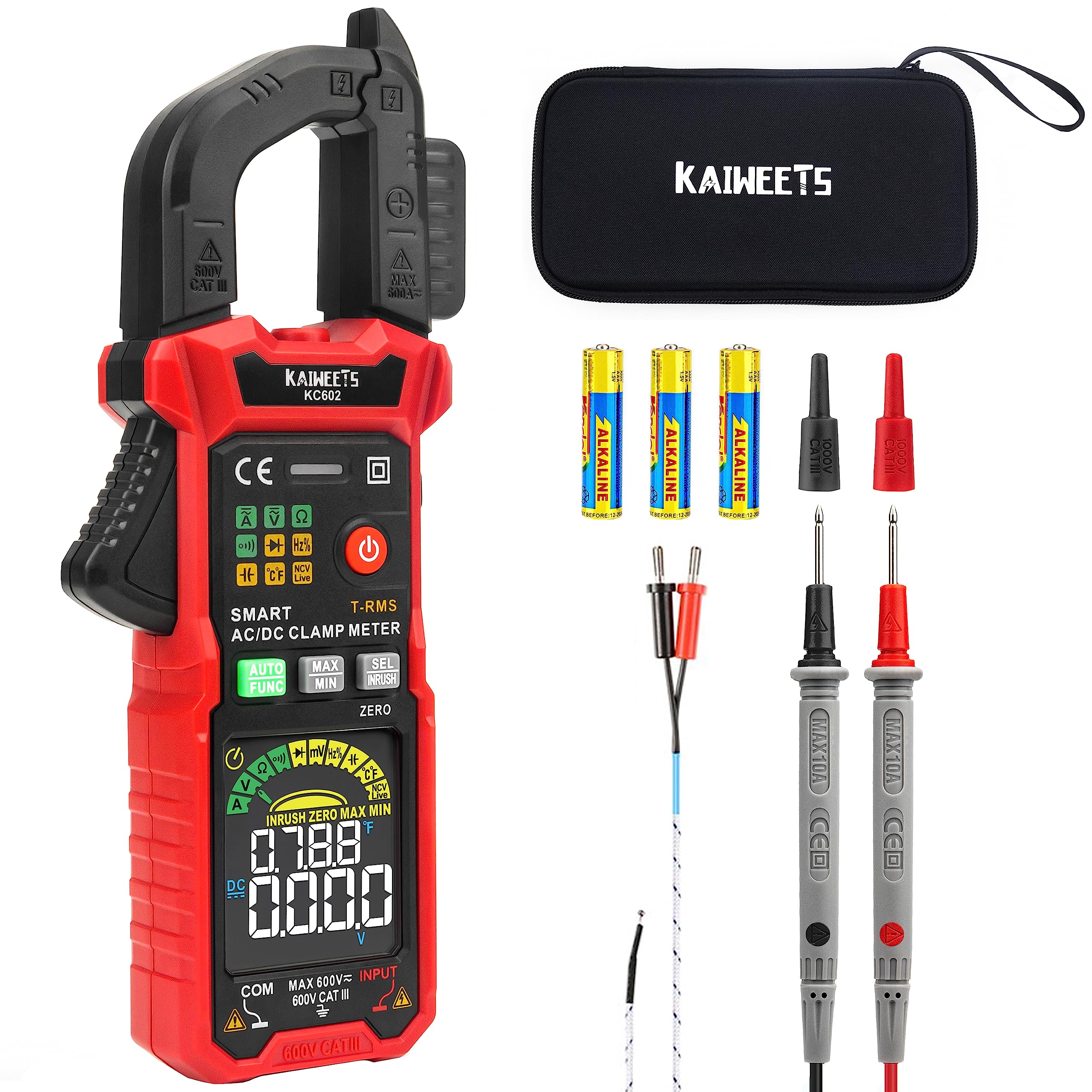 KAIWEETS KC602 Clamp Meter, Smart Auto-Range Multimeter 600A AC/DC Current, 600V AC/DC Voltage with Pen Holder, LCD Backlit, Capacitance, Continuity, Resistance, Diodes, Frequency, Temperature, NCV