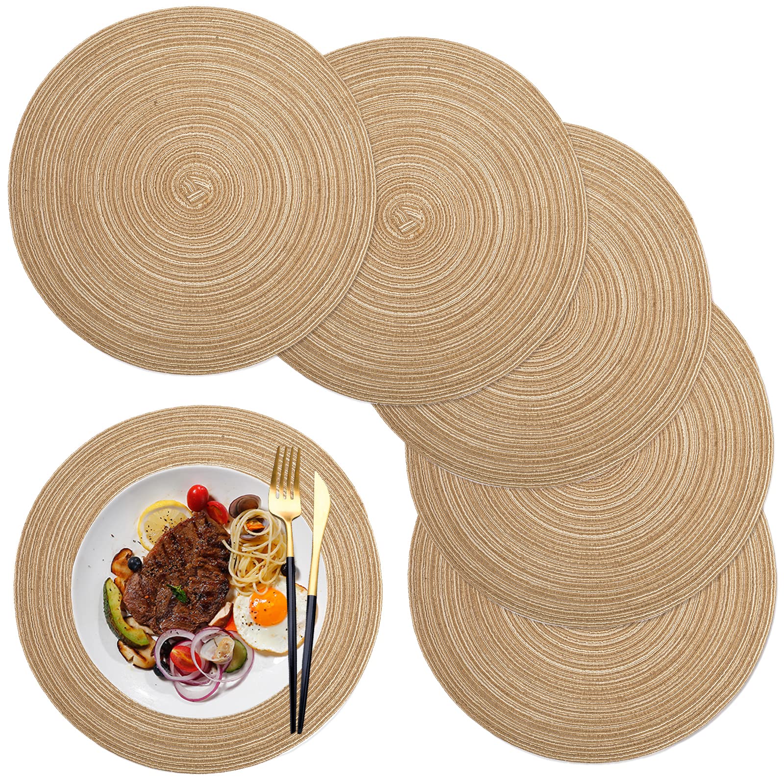 maifey Round Placemats set of 6, 14.17 Inch,Round Woven Table Placemats Washable Easy Clean Heat-Resistant Table Mats for Kitchen Dining Home, coffee color