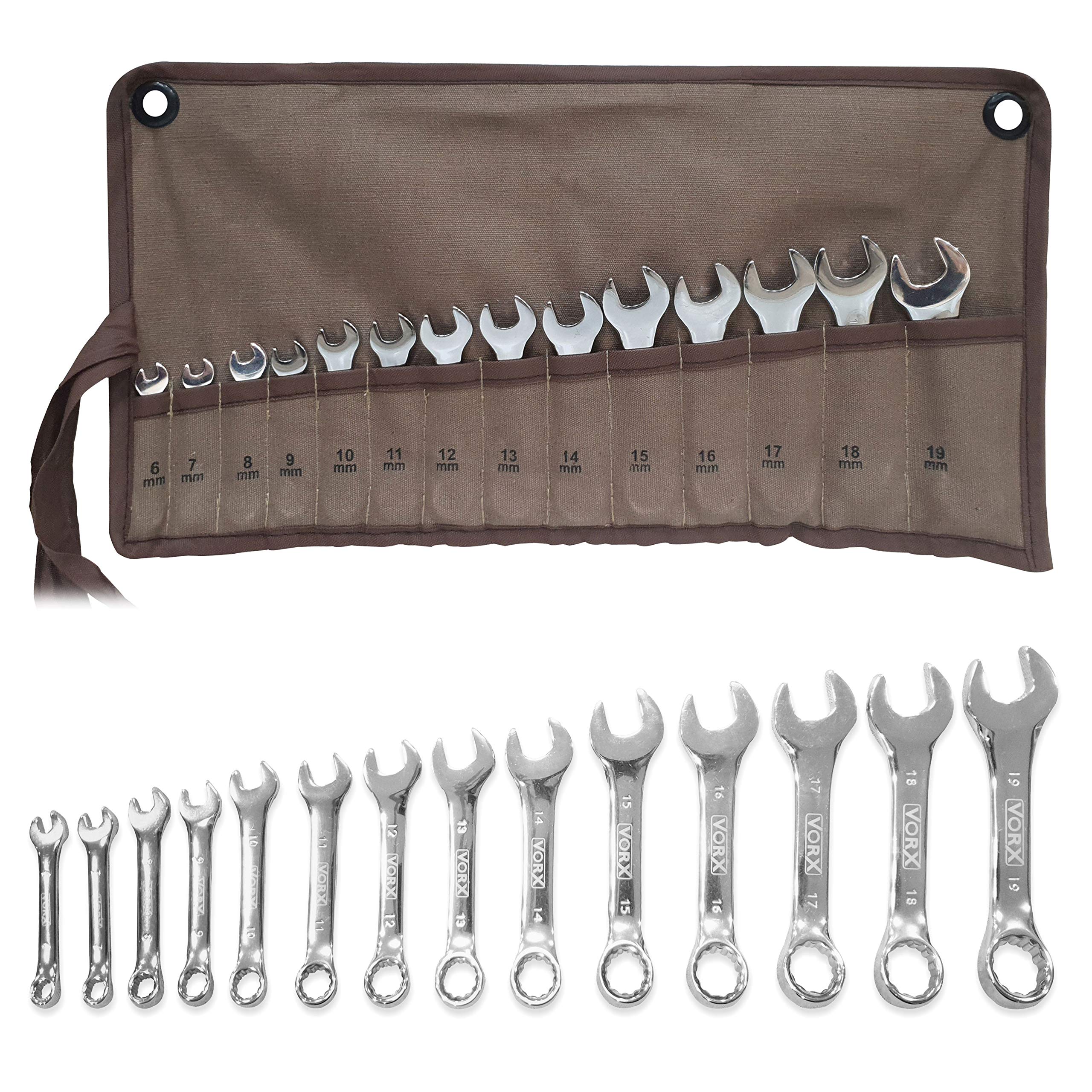 VORX Stubby Spanner Set 14 Pc PRO Grade Short 6mm to 19mm Drop Forged Chrome Vanadium Supplied in Heavy Canvas Storage Wallet, 1% of Sale Value Will be Donated to Children's Hospital