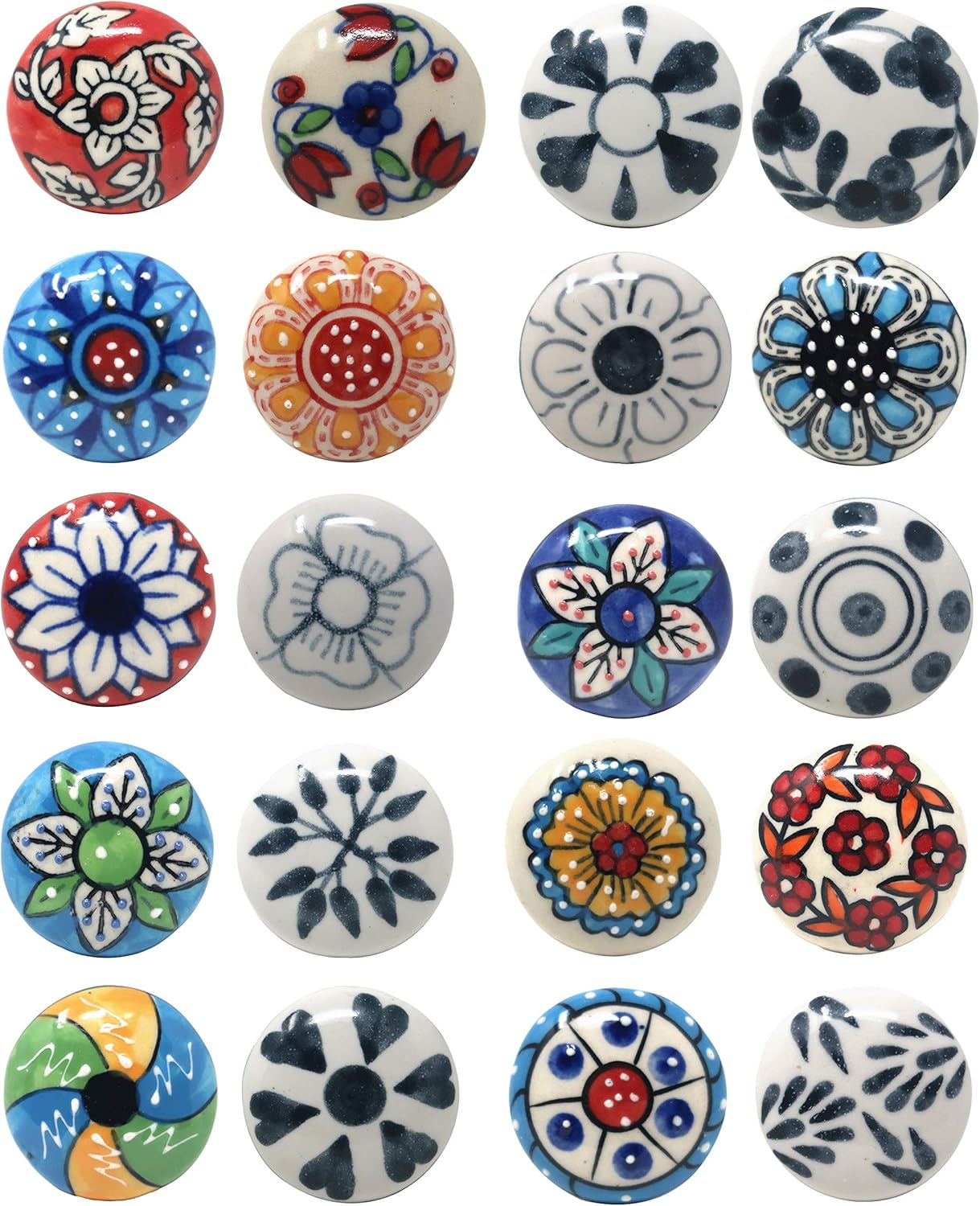 Ajuny Set of 20 Multicolour Ceramic Knobs, Floral Cupboard & Drawer Pulls