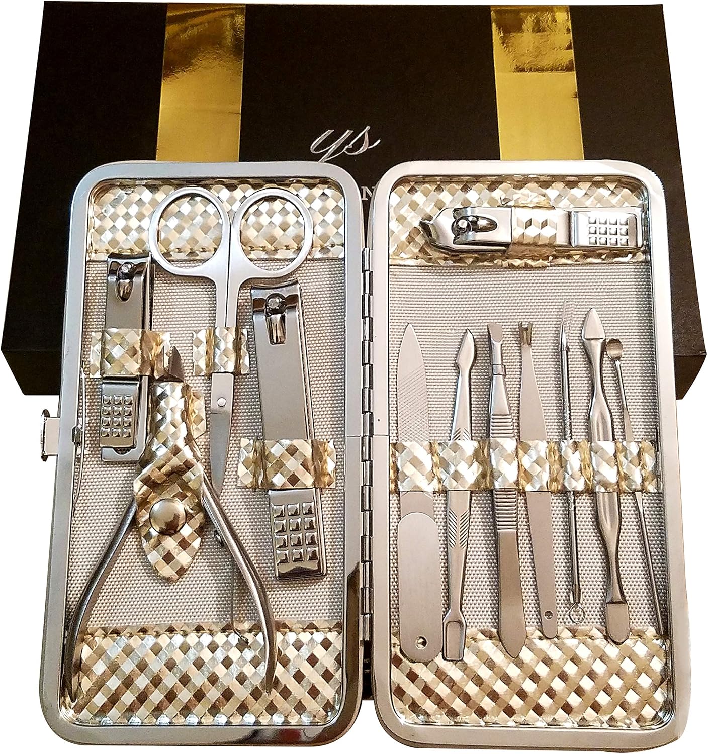 Y.S. organize Professional Manicure Travel Set for Men and Women. 12 Pieces kit of Stainless Steel Manicure & Pedicure Tools. Nail Clippers and Grooming Kit in an Beautiful Gold Metallic case: Home & Kitchen