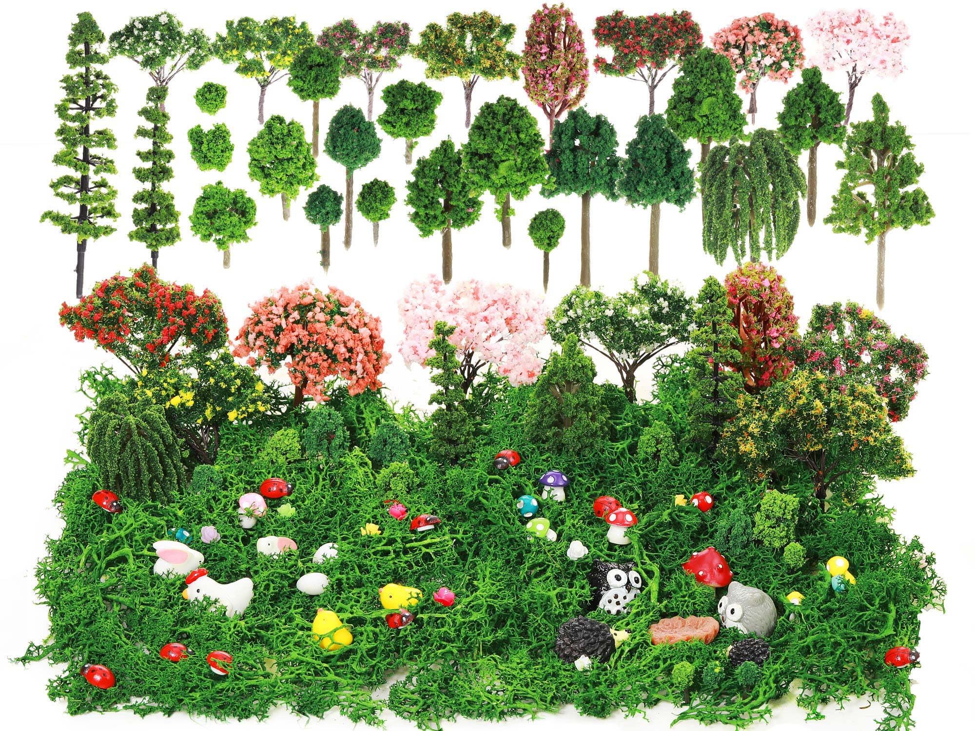 Photo 1 of Hoteam 72 Pcs Miniature Garden Accessories Mini Moss Garden Animals Rabbit Owl Miniature Figurines Fake Diorama Trees Natural Outdoor Sheet for DIY Fairy Craft Decor
