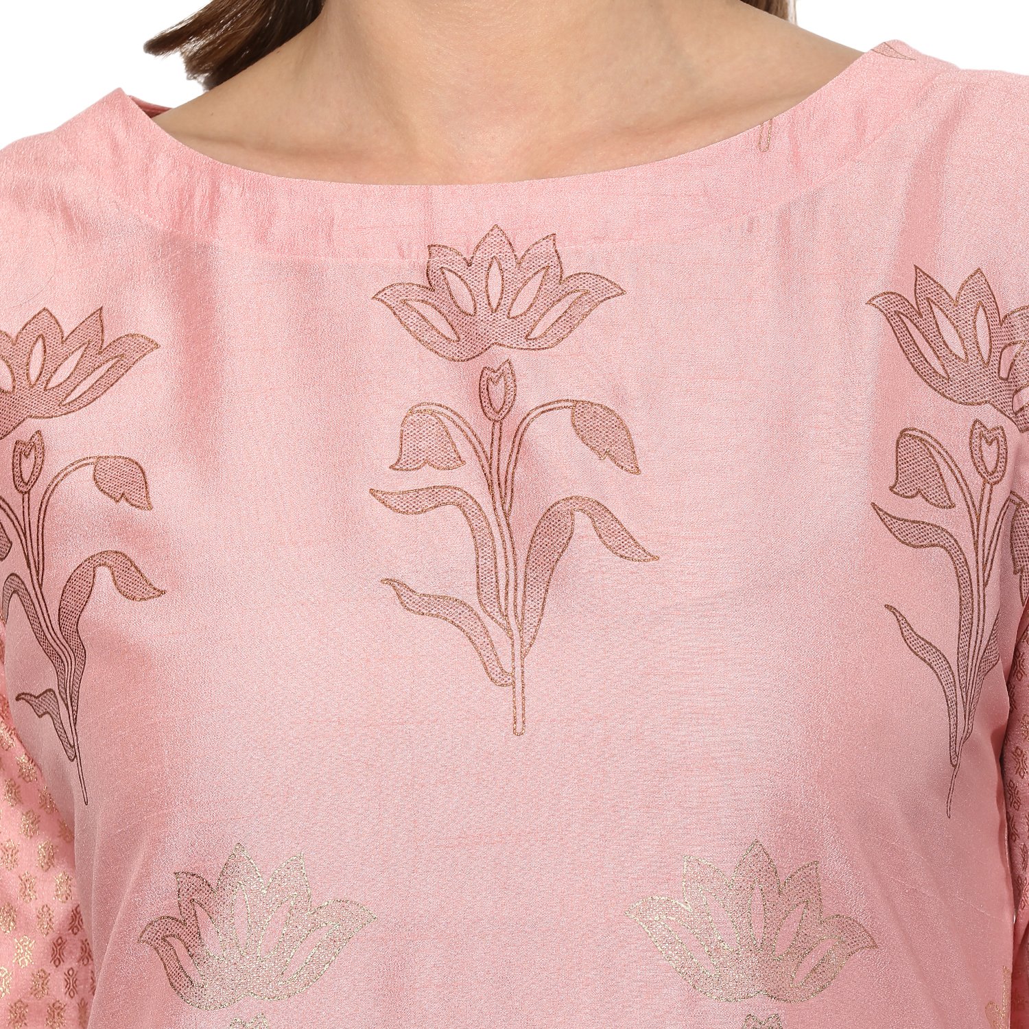 ziyaa women's pink colour straight polysilk gold foil print kurta (zikups2068)