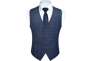 HISDERN Men's Suit Vest Plaid Dress Vest for Men Slim Fit Formal Business Waistcoat Tuxedo V-Neck Solid Vest for Wedding