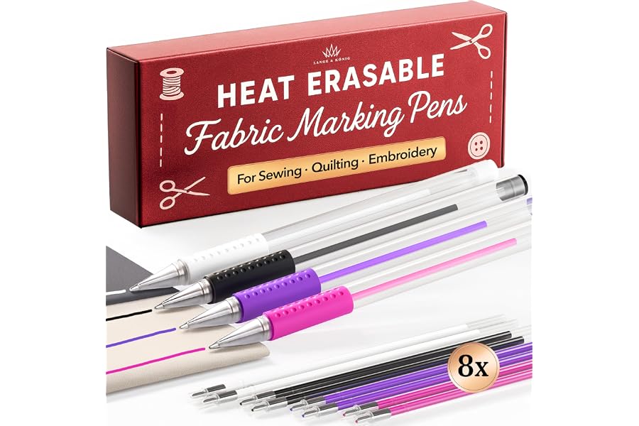 Lange & König Heat Erasable Fabric Marking Pens for Sewing - 4 Pens + 8 Refills - Sewing Supplies Quilting Supplies Table Accessories Embroidery Pen Tailors Chalk Alternative