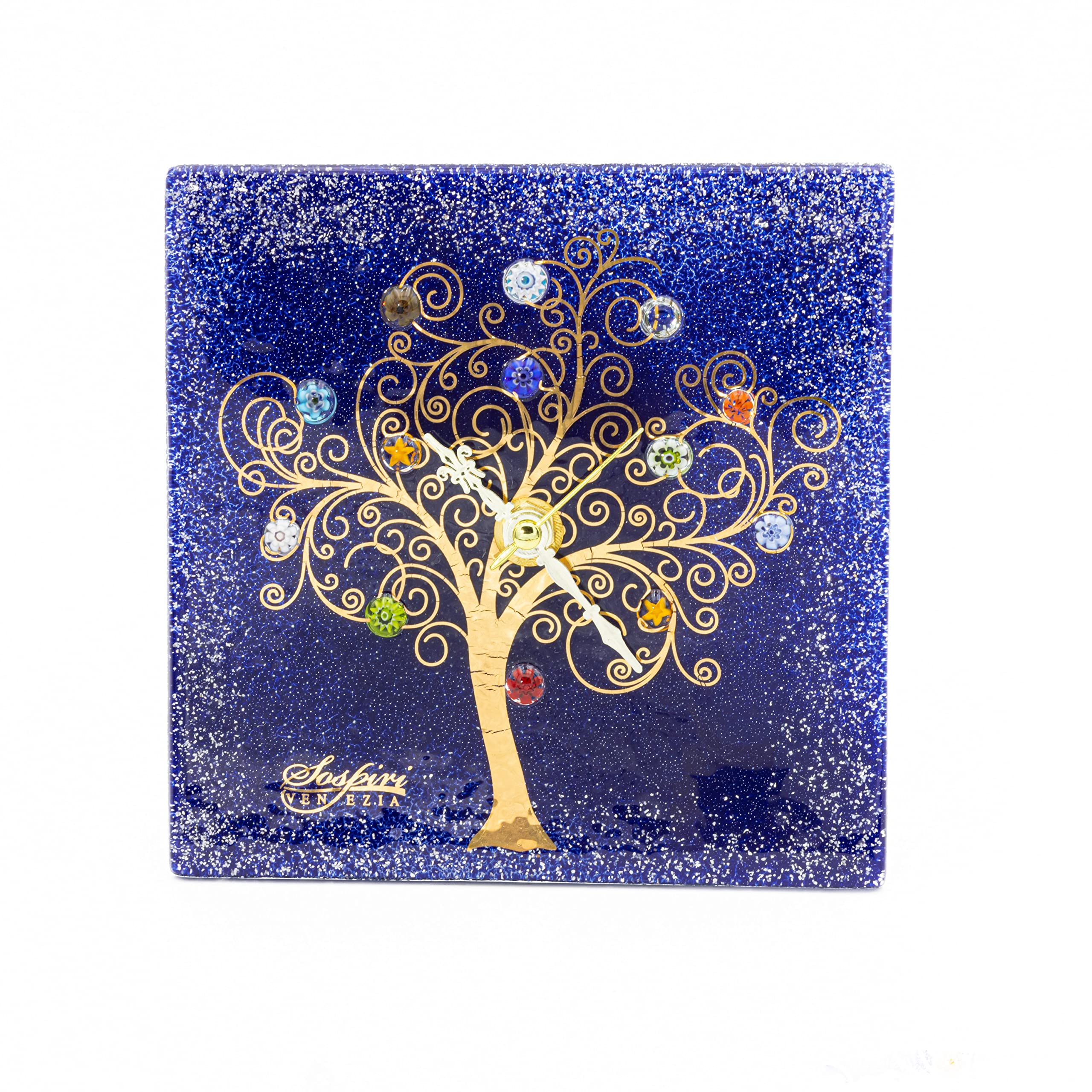 Sospiri Venezia Table Clock Murano Glass Silent Mechanism Decorated with Murrines and Gold Leaf Gift Handmade Made in Italy (19x19)