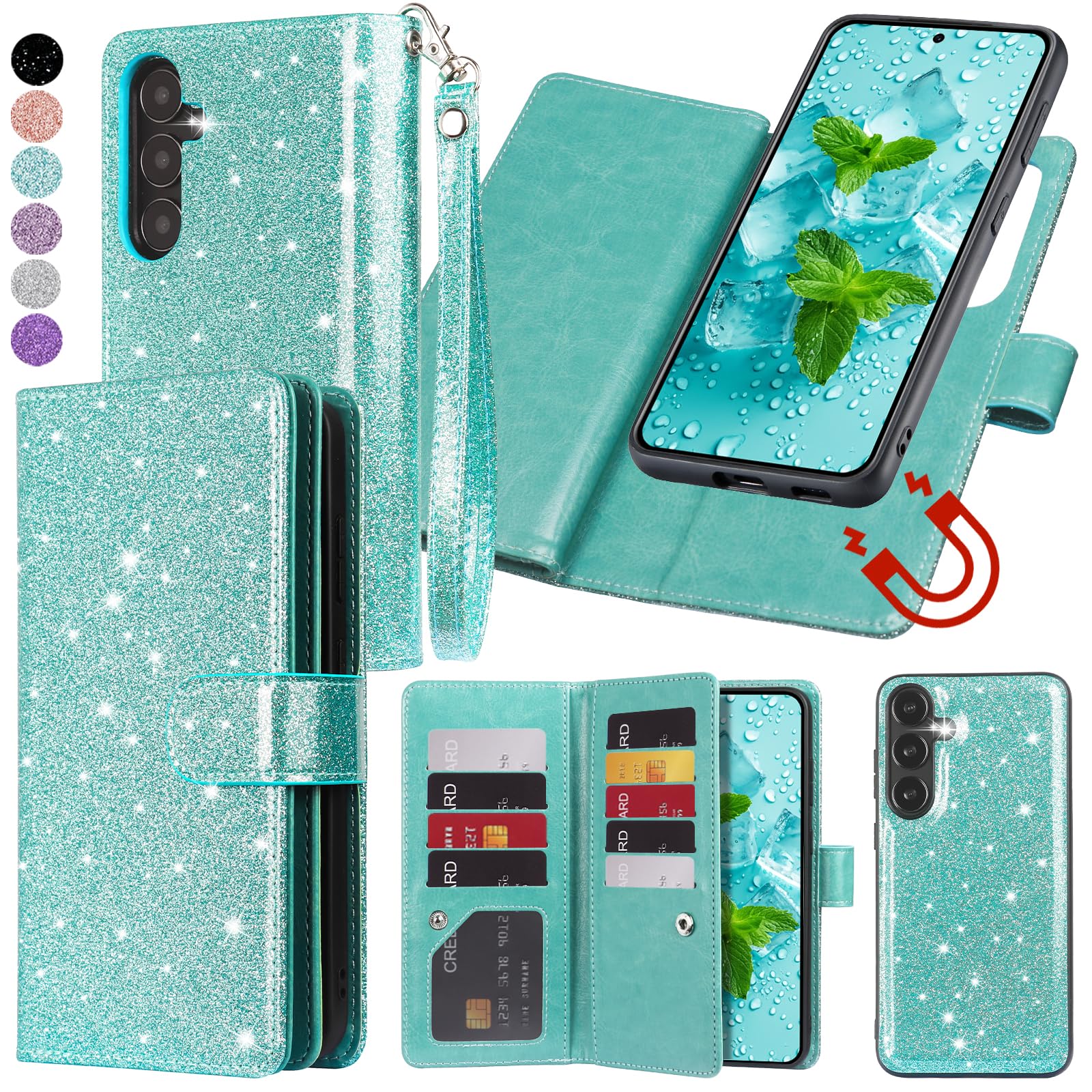 Photo 1 of Varikke for Galaxy S23 Wallet Case Detachable with Card Holder for Women, Fashion PU Glitter Leather Strap Magnetic Flip Wallet Removable Phone Case Cover for Samsung Galaxy S23 5G 6.1", Mint Green