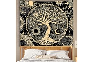 Avinyl Tree of Life Wall Tapestry for Bedroom, Sun and Moon Wall Tapestries Aesthetic, Black and Gold Wall Hanging Home Decor for Dorm Living Room Office 51in x 60in