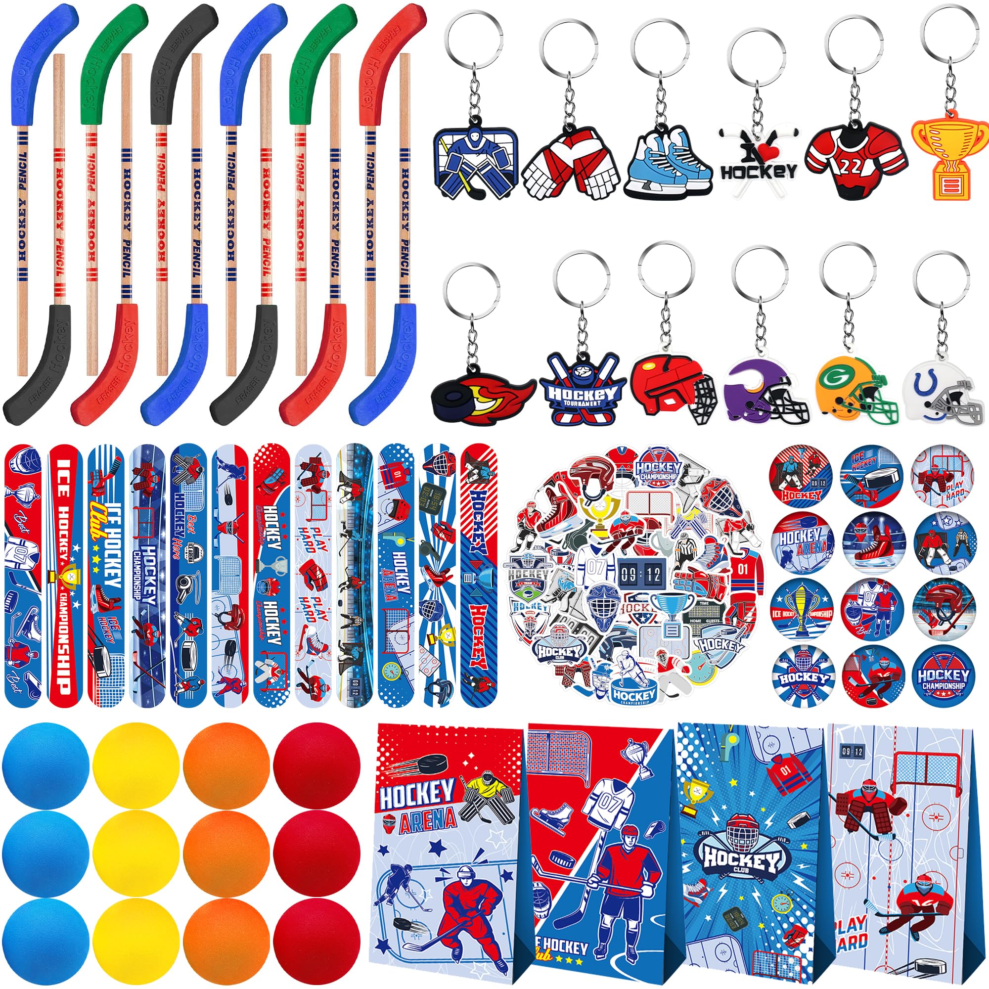 113 PCS Hockey Party Favors - 41PCS Stickers, 12PCS Goodie Bags, Button Badges, Slap Bracelets, Balls, Pencils, Keychains for Ice Hockey Sports Party Gift Supplies