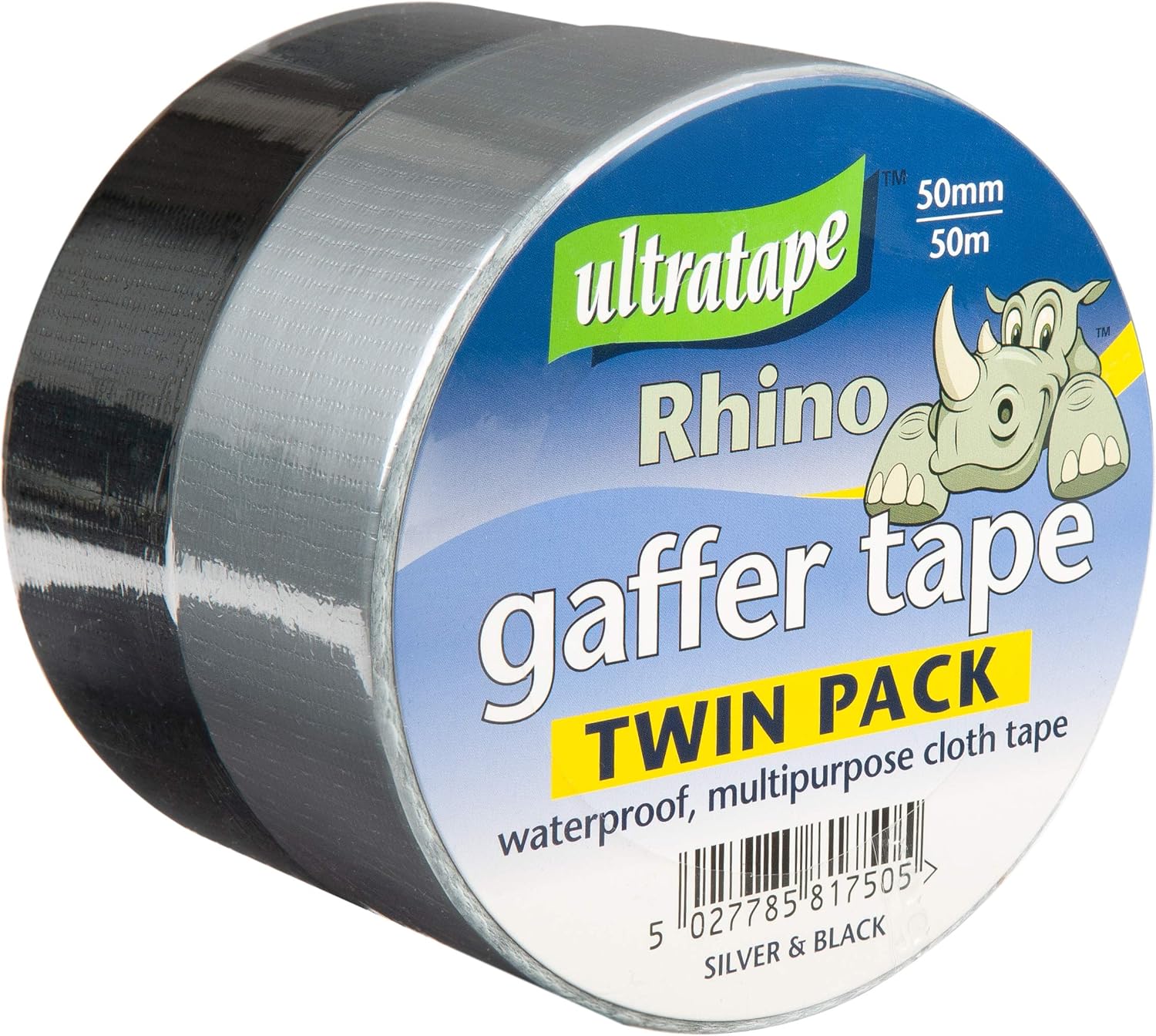 Ultratape Rhino Gaffer Tape - Twin Pack - Black & Silver, 50mm x 50m