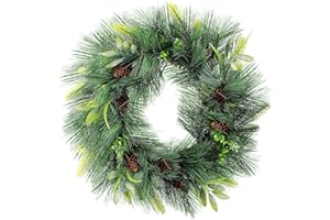 Dingion 24 Inch Christmas Pine Wreath Full Sugar Pine and Greens Wreath with Pinecones Real Touch Christmas Door Decoration Xmas Hanging Door Decoration for Holiday Fireplace Wall Window Home