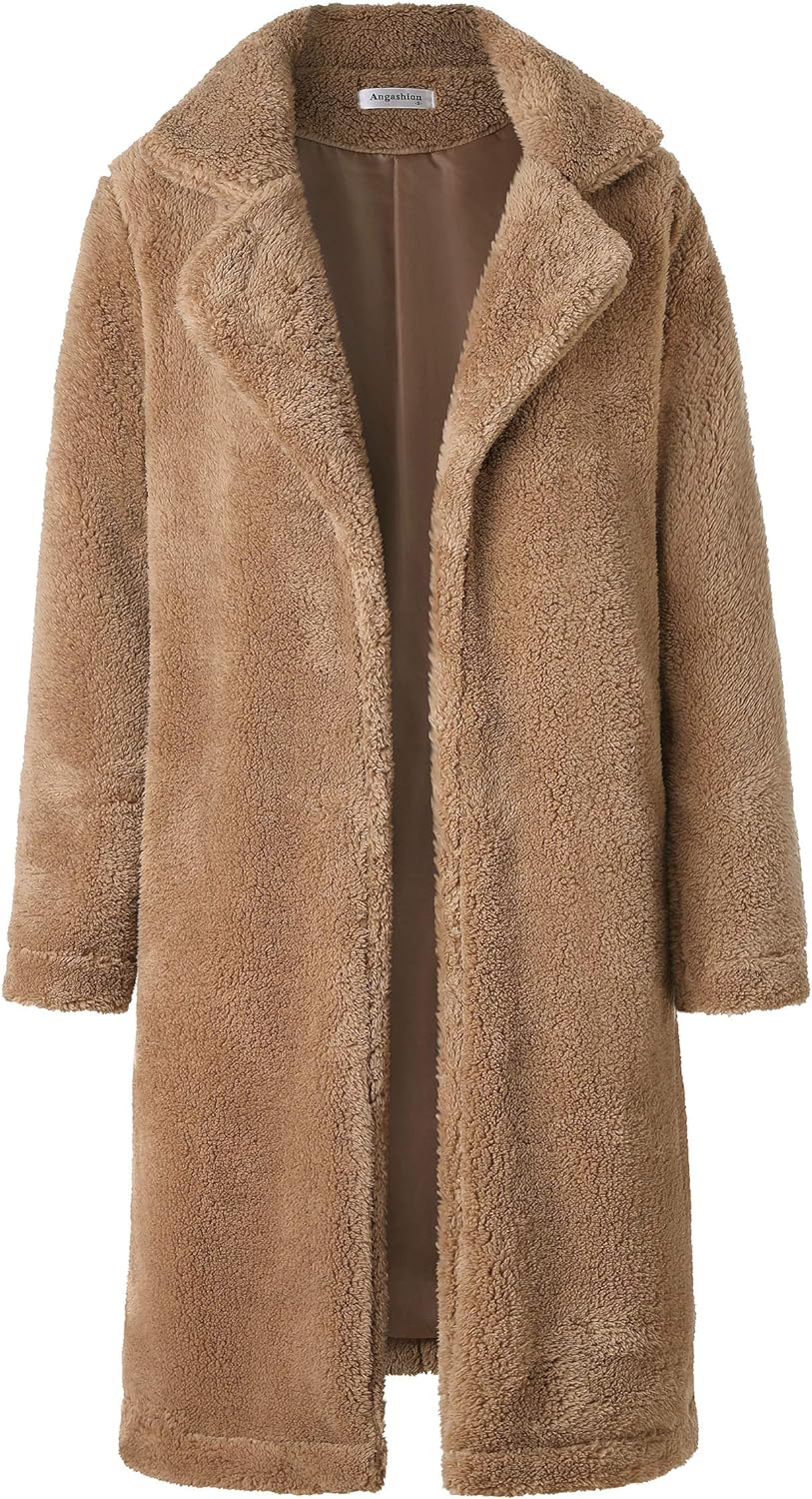 Angashion Women's Fuzzy Fleece Lapel Open Front Long Cardigan Coat Faux Fur Warm Winter Outwear Jackets with Pockets at  Women’s Clothing store