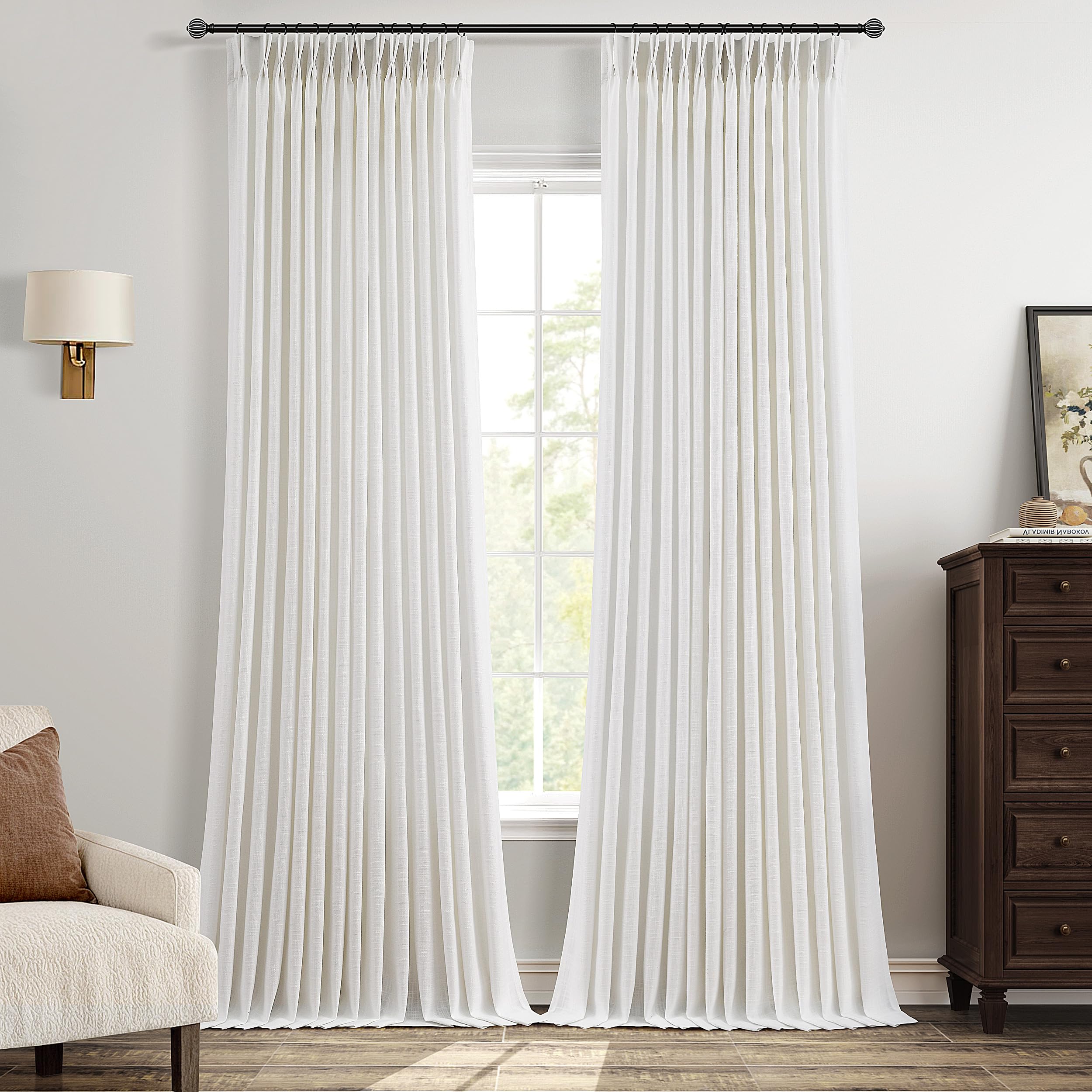 Photo 1 of 108 inch Pinch Pleated Linen Curtains for Living Room Thick Flax Pleated Memory Light Filtering Semi Sheer Curtains with Pleated Hooks Back Tab for Track System Cream Ivory Pinch Pleat Window Drapes