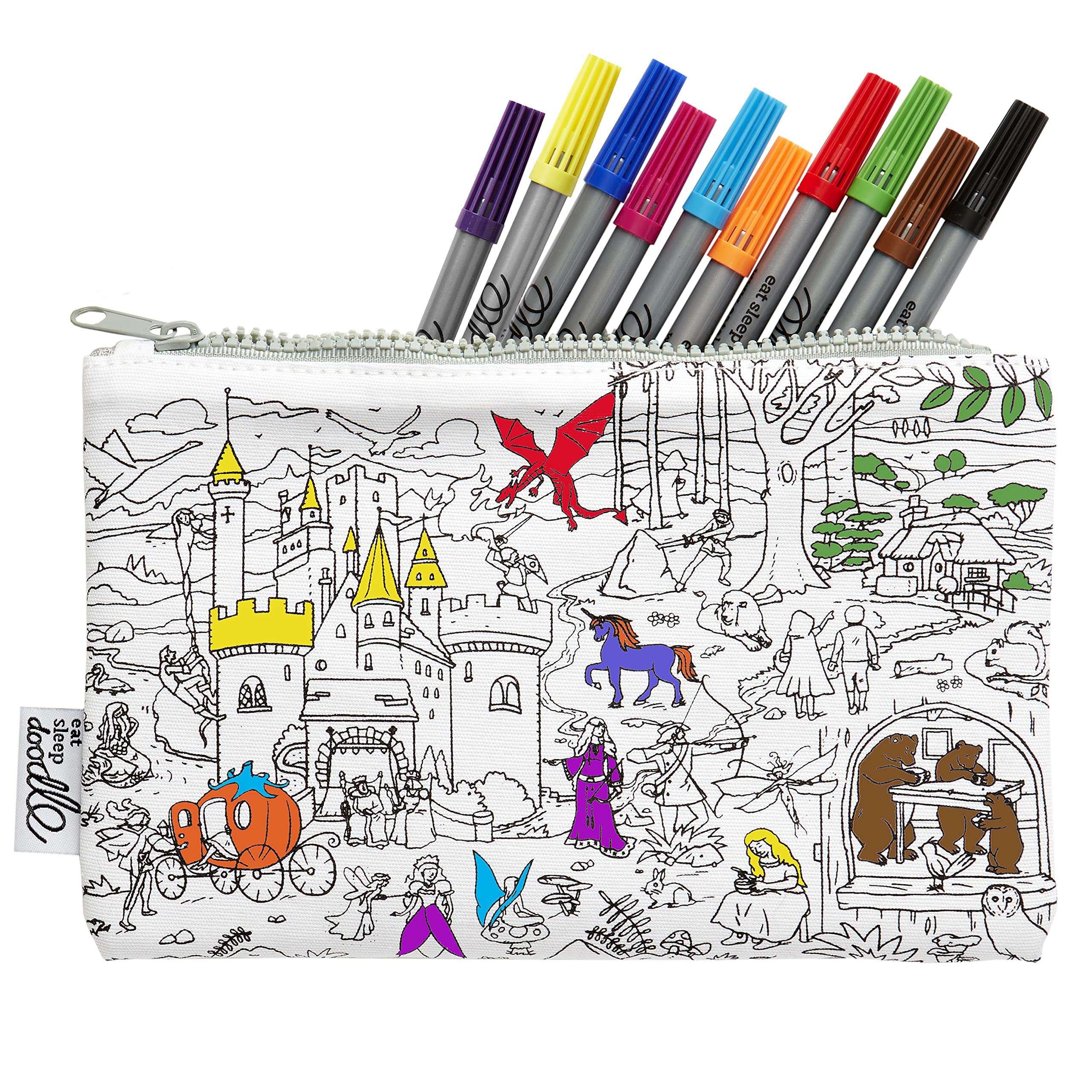 eatsleepdoodle Colouring Pencilcase w/ 10pk Washable Markers - 22x14cm Fairytale Kids Colouring Pencilcase - Ultra Washable & Reusable Arts and Crafts โ image 1
