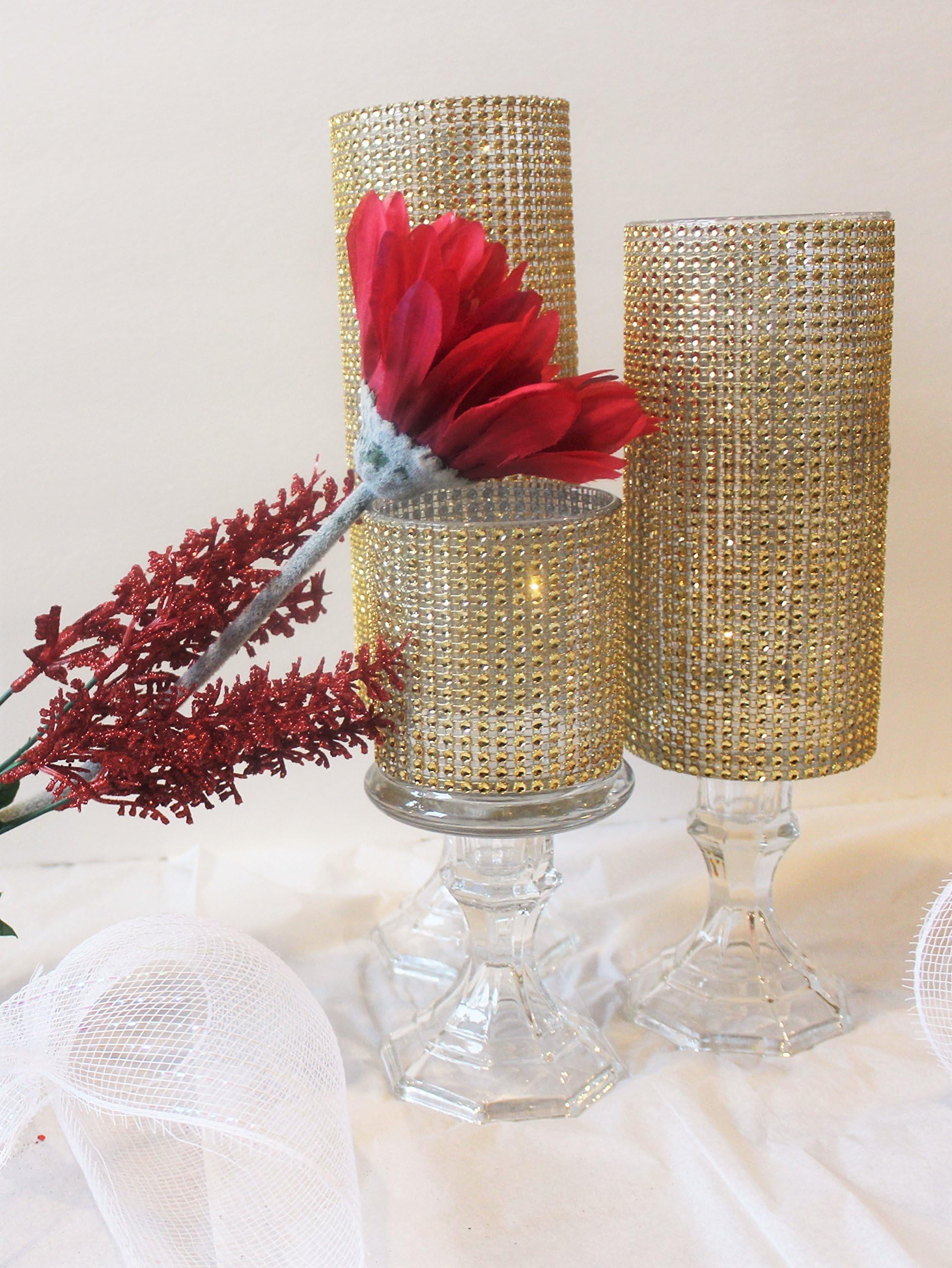 Trend It Up Set of 3 Tall Gold Rhinestone crystal Candle holders, Glass Wedding Centerpieces Pillar Fireplace Crystal Holder,cylindrical candle holder