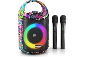 MASINGO Karaoke Machine for Kids and Adults with 2 Wireless Bluetooth Microphones, PA Portable Speaker with Colorful LED Lights, Supports TF Card/USB, AUX/MIC in, TWS for Home Party, Burletta C10 V2