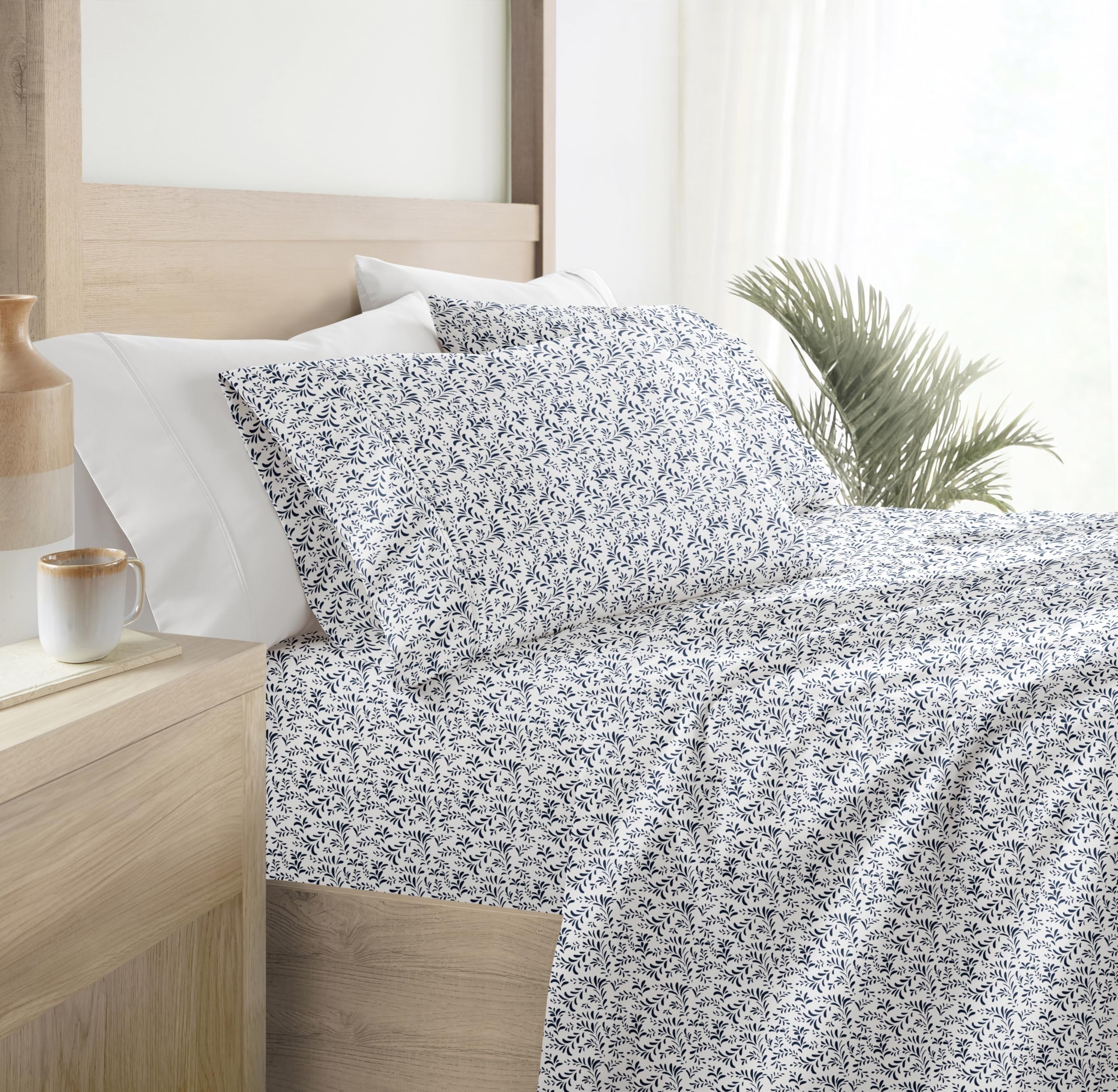 Queen Sheet Set 4 Piece - Ultra Comfortable & Breathable Cooling Queen Bed Sheets - Deep Pocket & Wrinkle-Free Sheets Fits 16" Mattress - Extra Soft & Oeko-TEX Certified - Burst of Vines Navy