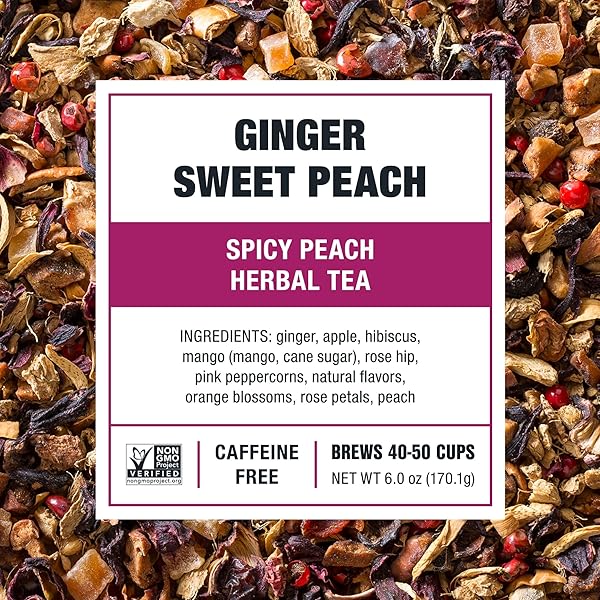 TIESTA TEA – GINGER SWEET PEACH | LOOSE LEAF | SPICY PEACH HERBAL TEA | TRANQUILITY NON-CAFFEINATED BLEND | BULK HIBISCUS LEAVES WITH CANE SUGAR | BREWS UP TO 50 CUPS | 6 OUNCE REFILLABLE TIN