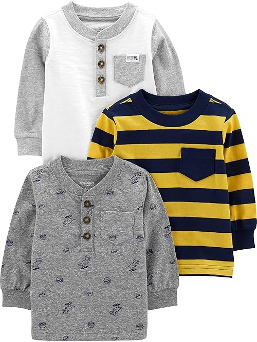 Simple Joys by Carter's Boys' 3-Pack Long Sleeve Shirts, Grey Dinosaur/White/Yellow Stripe, 4