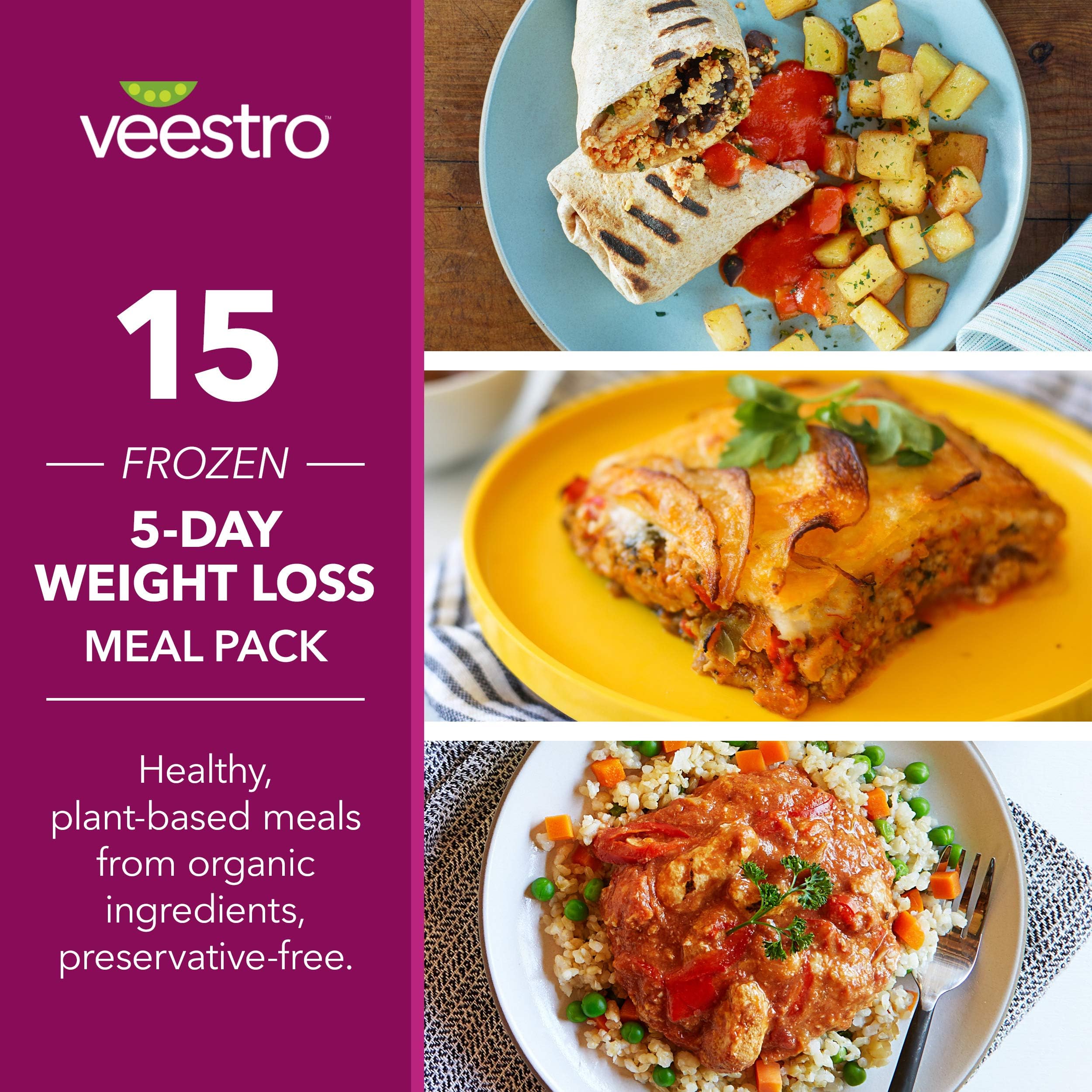 Veestro 5 Day Weight Loss, Organic, Plant-Based, Preservative-Free, Dairy-Free, Microwaveable, Ready Meals (15 Pack)