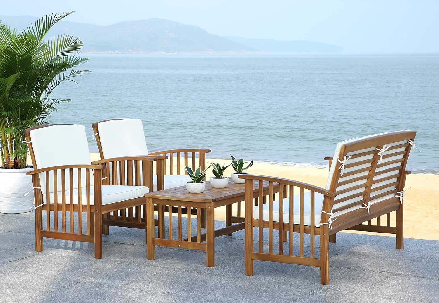 Safavieh Outdoor Collection Rocking 4 Piece Patio Set, Teak and Beige: Furniture & Decor