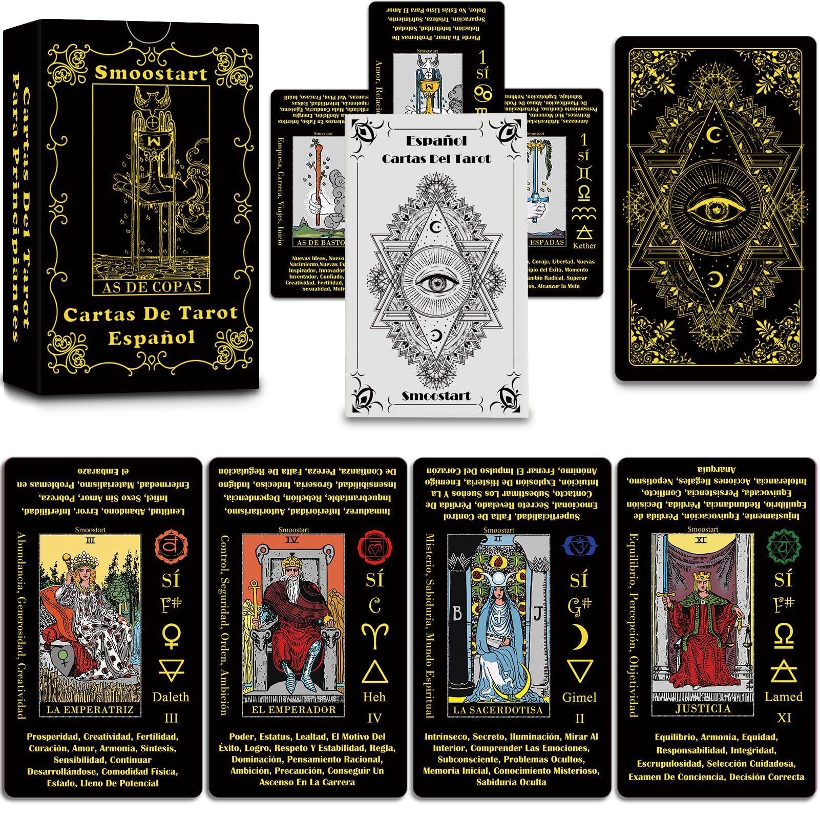 Smoostart Spanish Tarot Cards with Meanings, Tarot Cards Deck with Guidebook for Beginners, Keywords, Element, Planet, Zodiac, Chakra, Yes or No, Musical Pitch, Numerology, Hebrew Alphabet