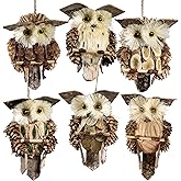 Cartanfill-Woodland Animal Owl Ornaments, Wood and Sisal, Set of 6 Assorted, Christmas Tree, Thanksgiving