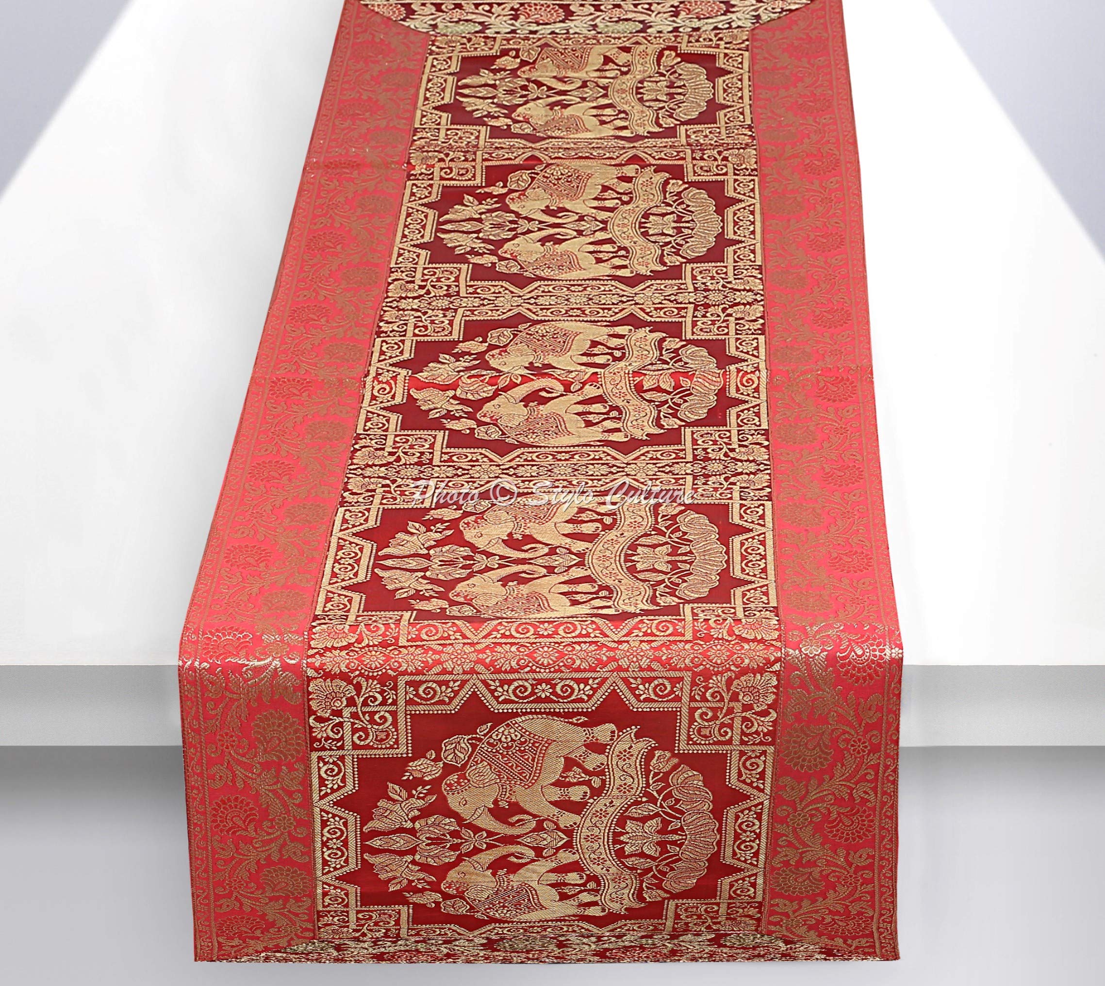 Stylo Culture Indian Coffee Table Runner Red Gold Elephant & Floral Brocade Jacquard Rectangle Home Decor Ethnic Extra Long Tablecloth | 60x16 Inches ( 152 x 40 cm)