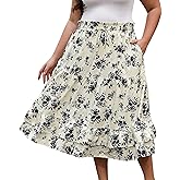 LOUSGUTA Women's Midi Skirt Flowy Ruffle Skirts Midi Length A-Line Layered Tiered Casual Long Skirt with Pockets