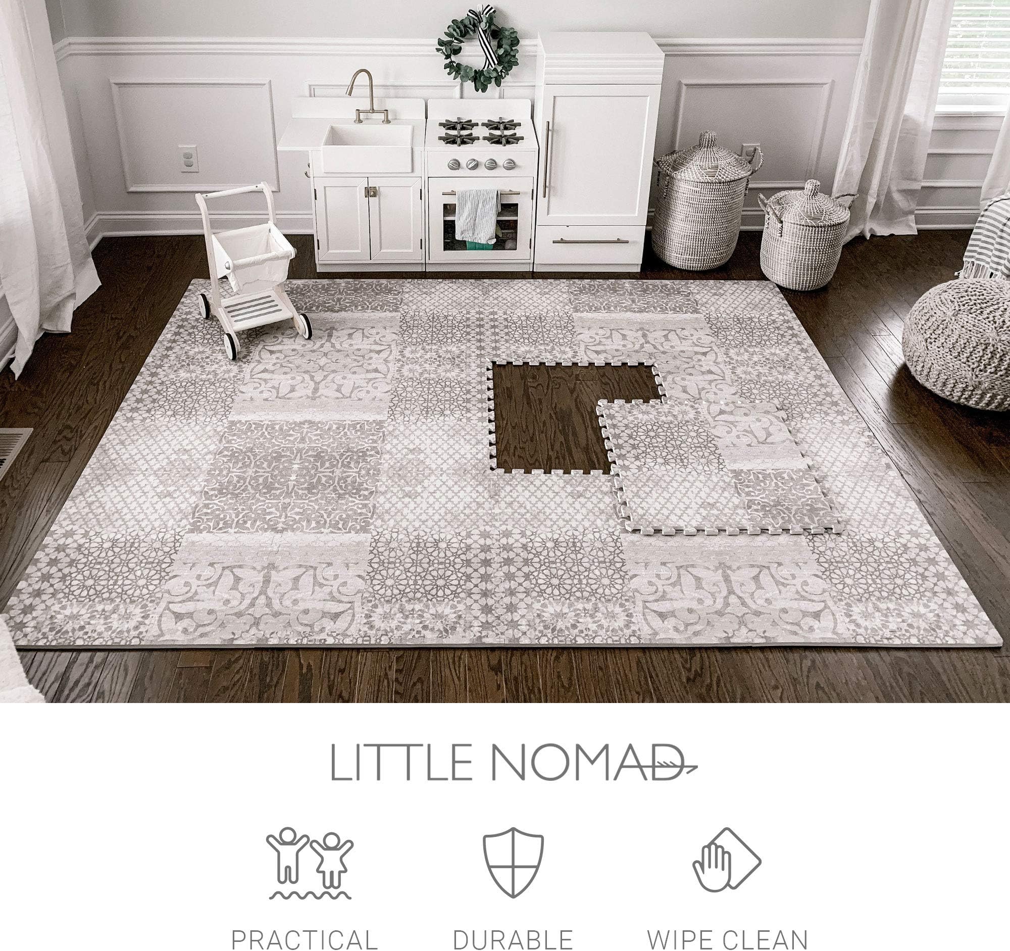 Little Nomad Foam Tile Baby Play Mat Puzzle Flooring Infant Roam Free Authentic 6 x 8 Soft Interlocking Floor Tiles for Toddlers and Kids Resembles an Area Rug | As Seen On Shark Tank | Feather Gray