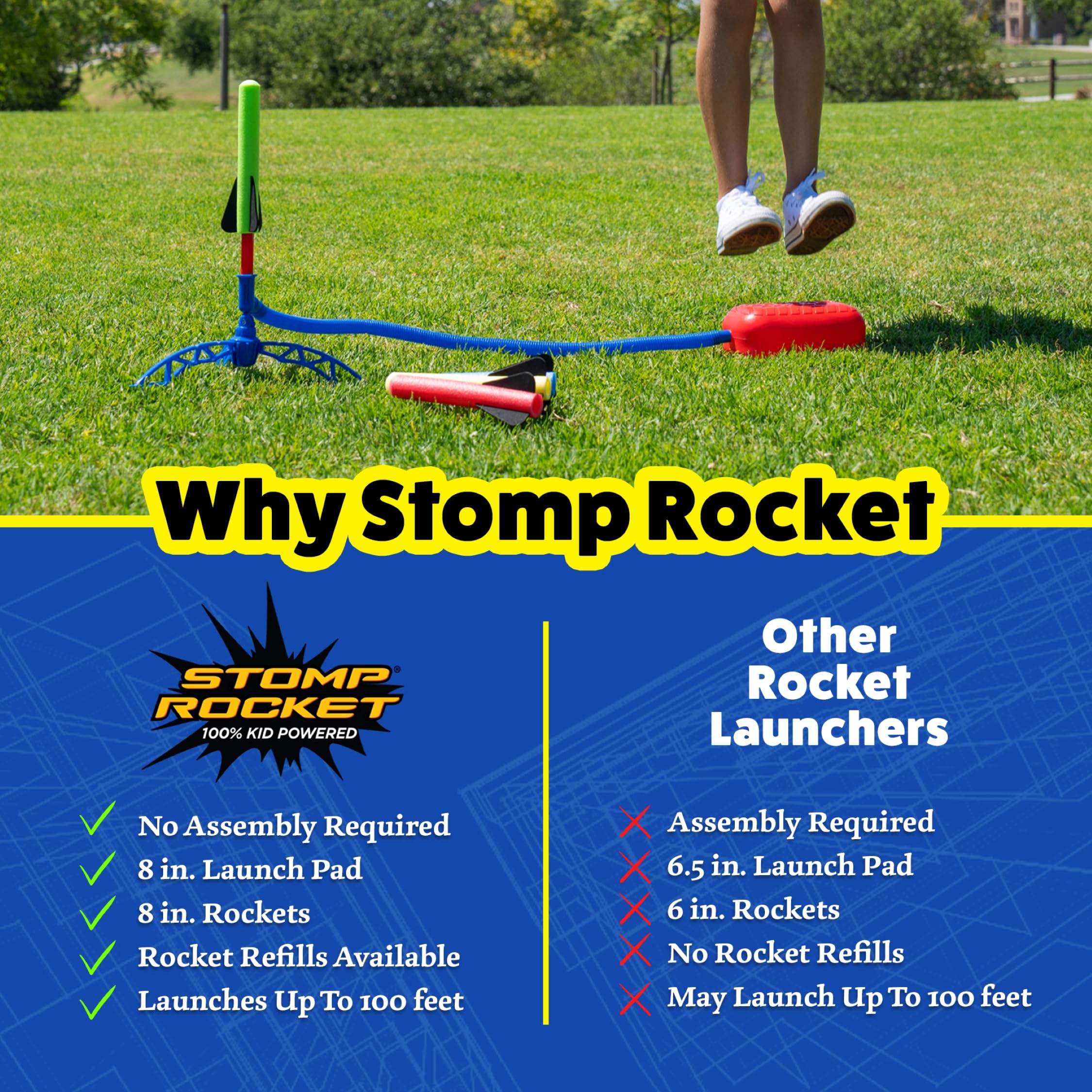 Stomp Rocket Jr Multi-Color Rocket Launcher for Kids, 8 Rockets - Fun Outdoor Kids Gifts for Boys & Girls - STEM Toy Foam Blaster Set Soars Up to 100 Feet - Ages 3 & Up