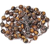 Nazareth Store Natural Stone Beads 8mm Rosary Necklace Antique Copper Design Holy Soil Medal & Cross in Velvet Bag - Catholic Rosaries Terra Santa Jerusalem Collection