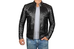 Decrum Mens Leather Jacket - Real Lambskin Cafe Racer Motorcyle Style Distressed Leather Jackets For Men