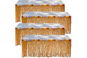 Playbees Luau Grass Table Skirt Hawaiian Table Skirt for Tropical Hawaiian Party Decorations Luau Party Costume Party, Authentic Island Party Decor with Hibiscus Flowers, 9 Feet x 29 Inches 4 Pack