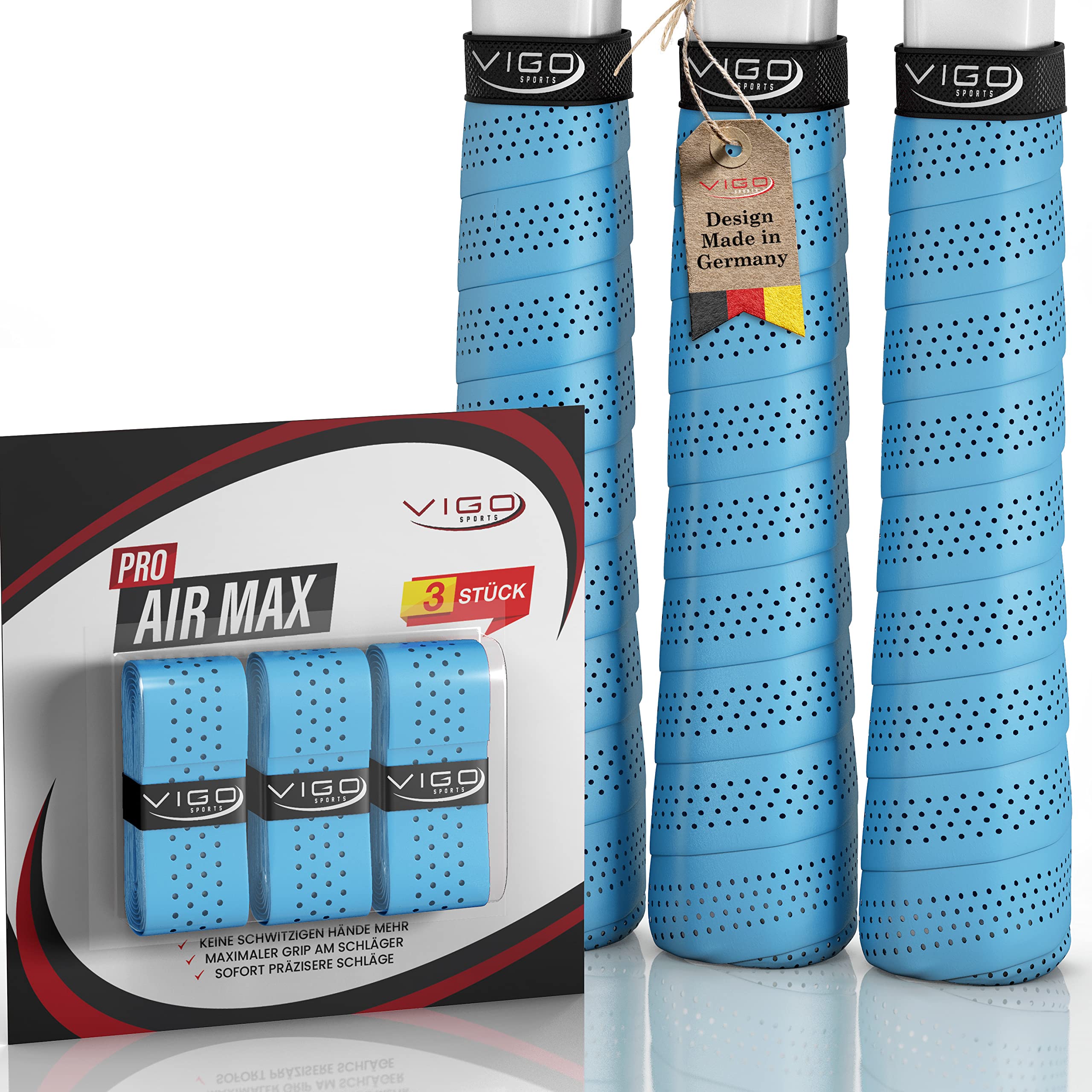 VIGO SPORTS Pro Airmax [Set of 3] Overgrip Tennis Racket with Anti-Sweat Technology thanks to Special Perforation - Tennis Grip Tape for Optimal Racket Control with Easy Assembly