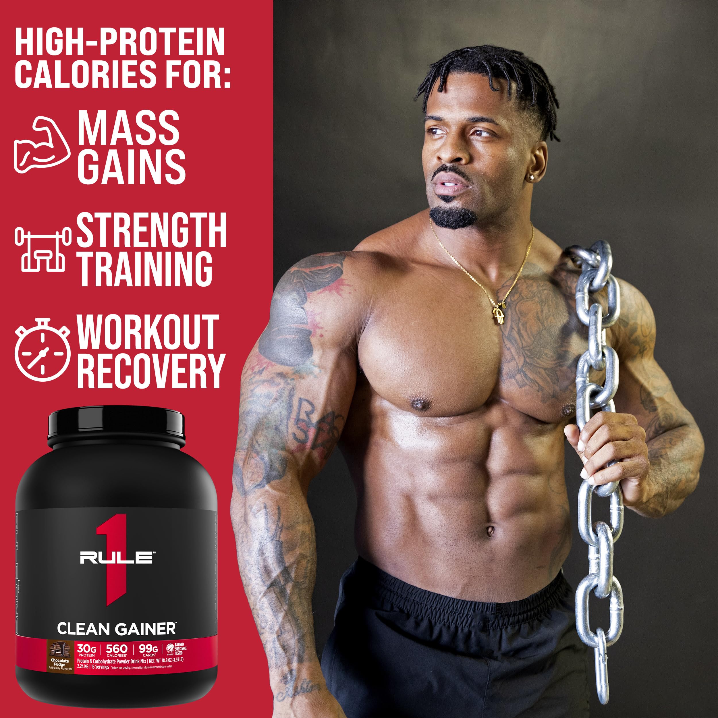 Rule 1 Clean Gainer - High-Protein Lean Gain Formula with 560 Calories, 30g of Full-Spectrum Protein, Over 90g Carbs, Under 6g of Fat (15 Servings, Chocolate Fudge)