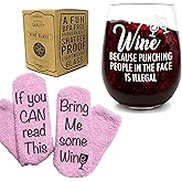FUNNY WINE GLASSES + WINE SOCKS -16 oz Unbreakable Stemless Wine Glass With Sayings & Fuzzy Girl Socks “If You Can Read This, Bring Me Some Wine"