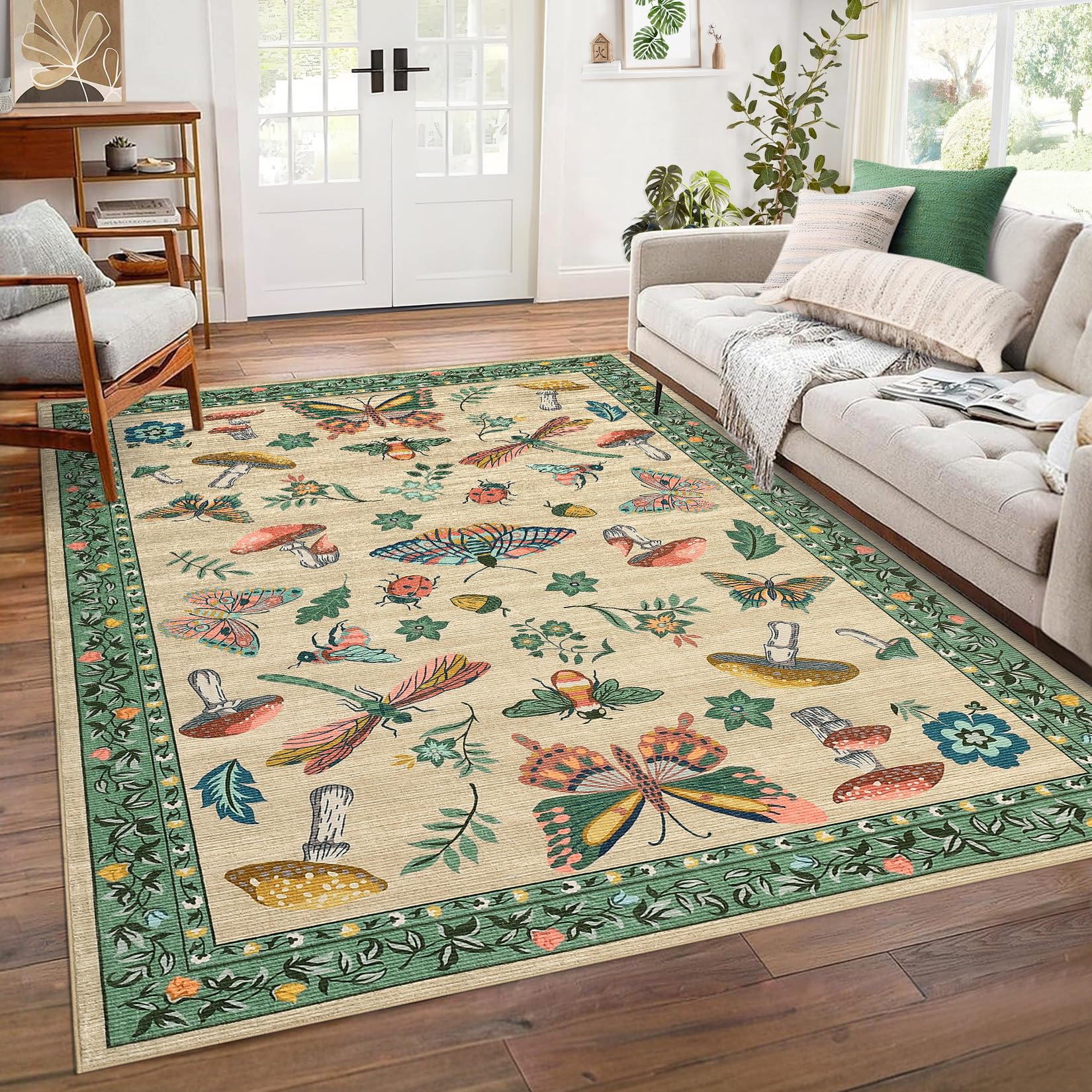 Mushroom Insect Washable Rug 5x7 Area Rugs for Bedroom Non Slip with Rubber Back Low Pile Stain Resistant Butterfly Carpet for Living Room Nursery Kitchen Dining Room Khaki Green Image