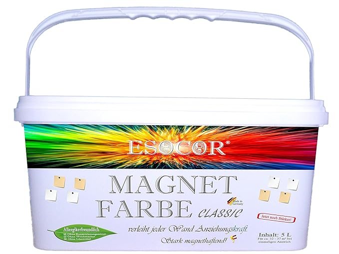 5 Liter ESOCOR MagnetFarbe classic + 4 Pin Neodym-Magnete – stark magnethaftend – sehr allergikerfreundlich – Konservierungsm