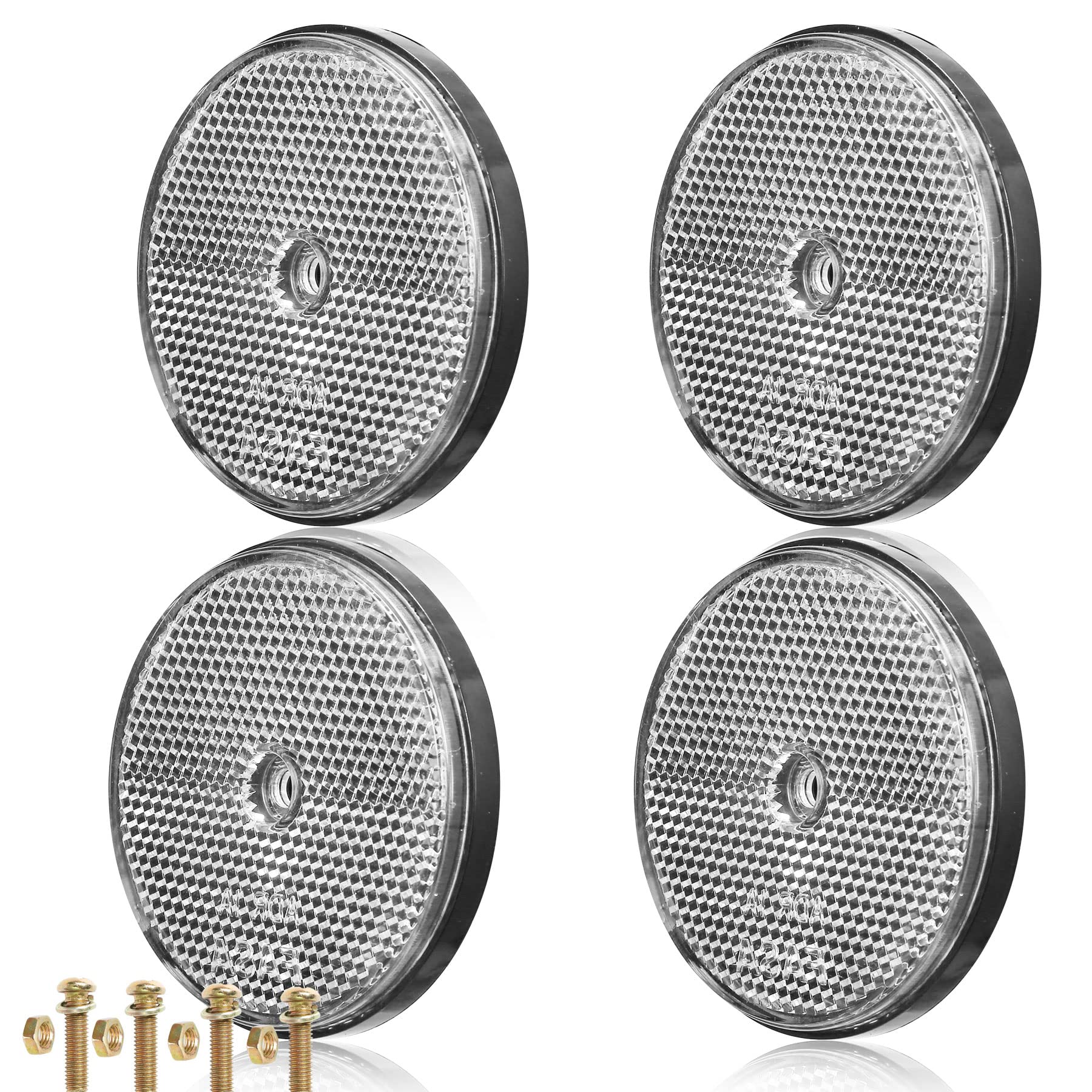 AGRISHOP 4x White Round Reflectors,Ø71mm,Screw on Reflectors for Gate Post Reflectors Fence,Cat’s Eye, Caravan Reflectors,Car Reflector for Post,Reflectors for Vehicles Trailer (Round/Screw On/White)
