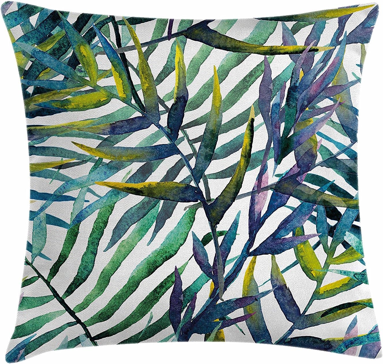 Leaf Throw Pillow Cushion Cover by, Watercolor Artwork of Tropical Island Vegetation Colorful Palm Leaves, Decorative Square Accent Pillow Case,Purple Blue and Light Green 24x24 inch