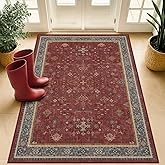 Washable 3x5 Entry Way Rugs Indoor - Burgundy Large Kitchen Rug, Non Slip Unique Bohemian Red Low Pile Thin Carpet for Bedroom Bedside, Foyer