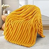 Exclusivo Mezcla Fleece Throw Blanket for Couch, Super Soft Striped Jacquard Bed Blanket, Lightweight Fuzzy Cozy for All Seasons, 50x60 Inches, Mustard Yellow
