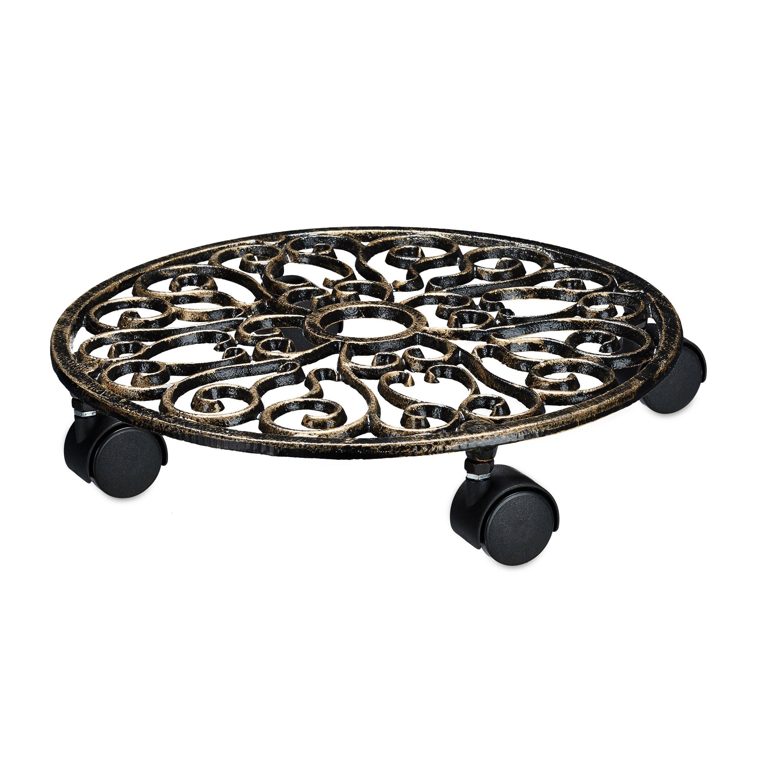 Relaxdays Plant Caddy Cast Iron Round 33.5 Diameter Plant Pot Trolley Metal Mover with Wheels, Metal Plant Dolly in Art Nouveau Style w/ 4 Wheels, Sturdy and Weather-Proof, Bronze