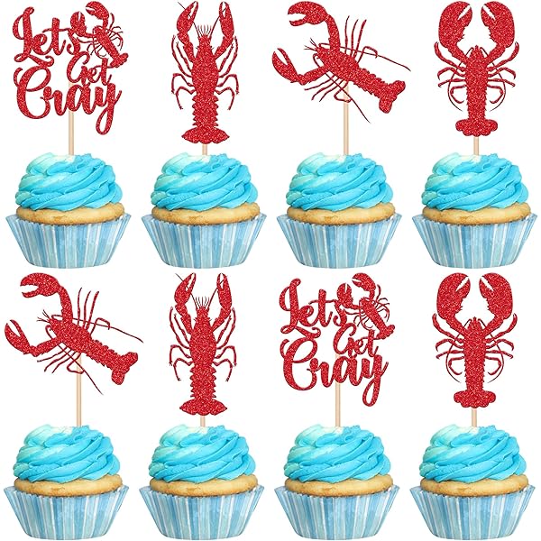 28 PCS Red Glitter Crawfish Cupcake Toppers - Lobster Theme Party Decorations
