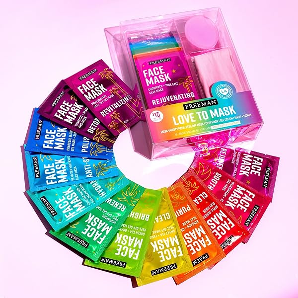 FREEMAN 14 PIECE LOVE TO MASK VARIETY PACK, FACIAL MASKS FOR ALL SKIN TYPES, HYDRATE, DETOXIFY, & CLEAR SKIN, EXFOLIATING SCRUB, BONUS HEADBAND AND SKIN BUFFER, FACE MASKS ARE CRUELTY-FREE & VEGAN
