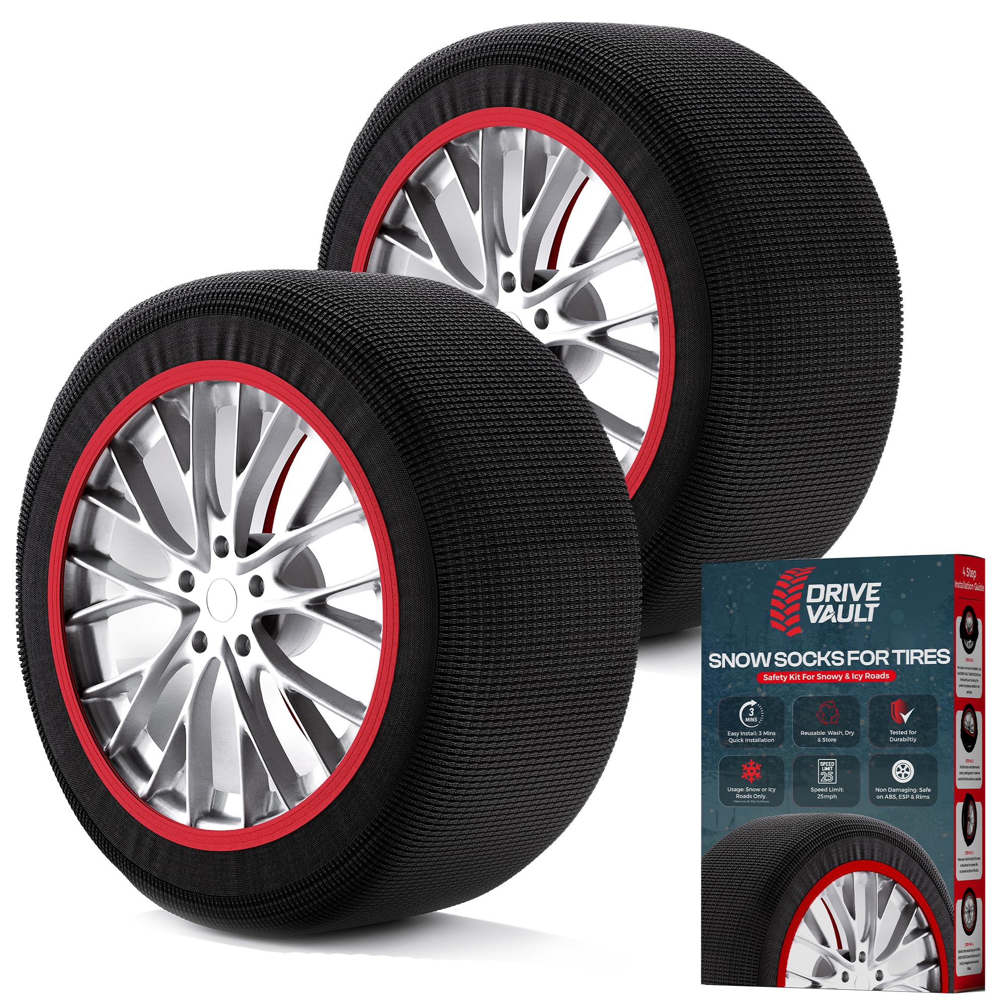 Photo 1 of DRIVE VAULT Snow Socks for Tires | Alternative for Tire Snow Chains | Ultra Grip Series | Reusable Snow Traction Device for Passenger Cars SUVs Trucks Winter Emergency Accessory | Safe Winter Driving